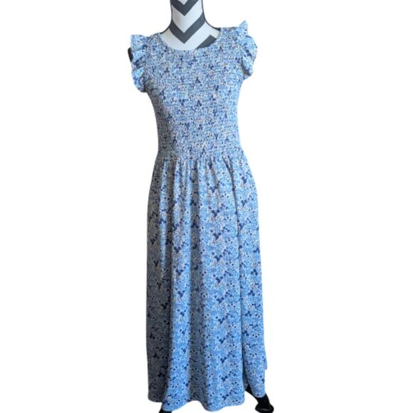 Code X Mode Blue Floral Ruffle Sleeve Smocked Bodice Midi Dress Size L - Picture 1 of 7
